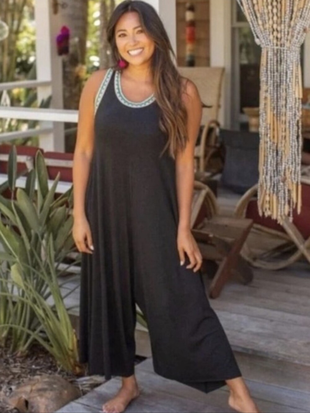 Natural Life Willow Jumpsuit Wide-Leg Medium Charcoal Gray Teal Crochet Trim